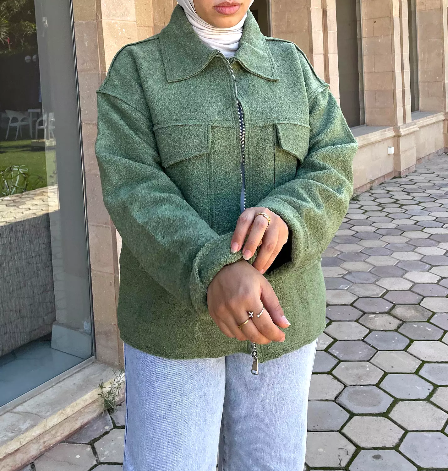 Oversized pocket bouclet jacket in Olive 2