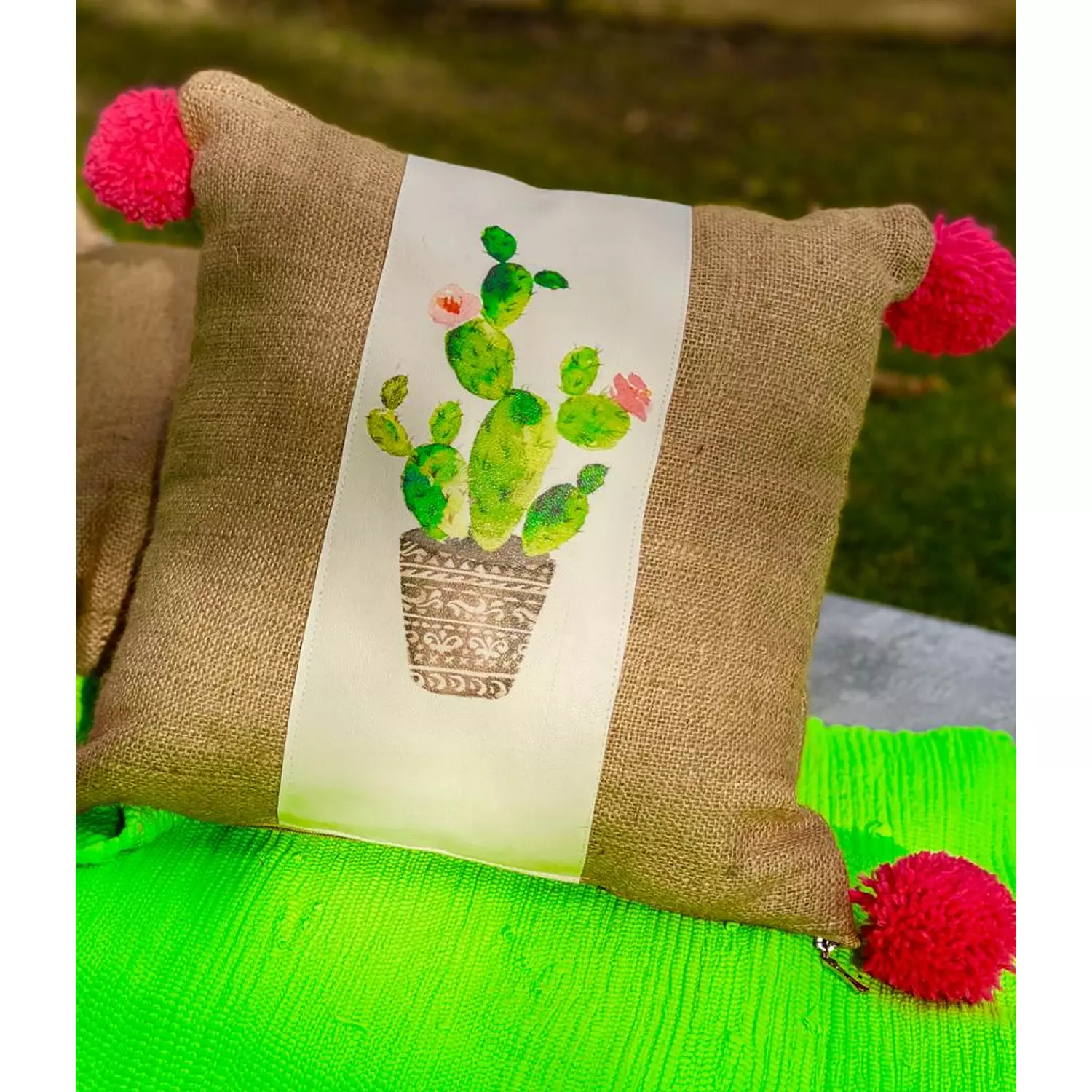 The Burlap Cactus with Fushia Pompoms 1