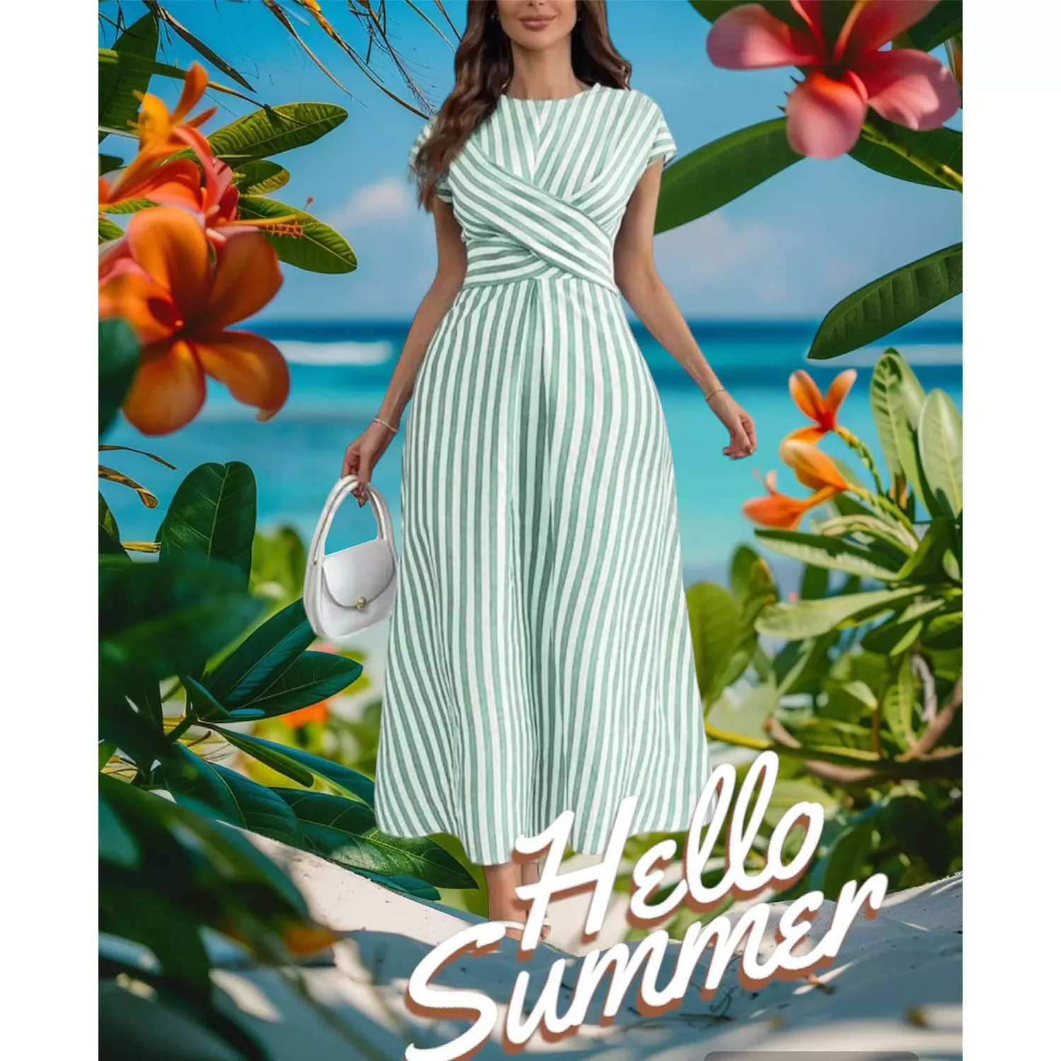 Striped Green & White Long Dress hover image