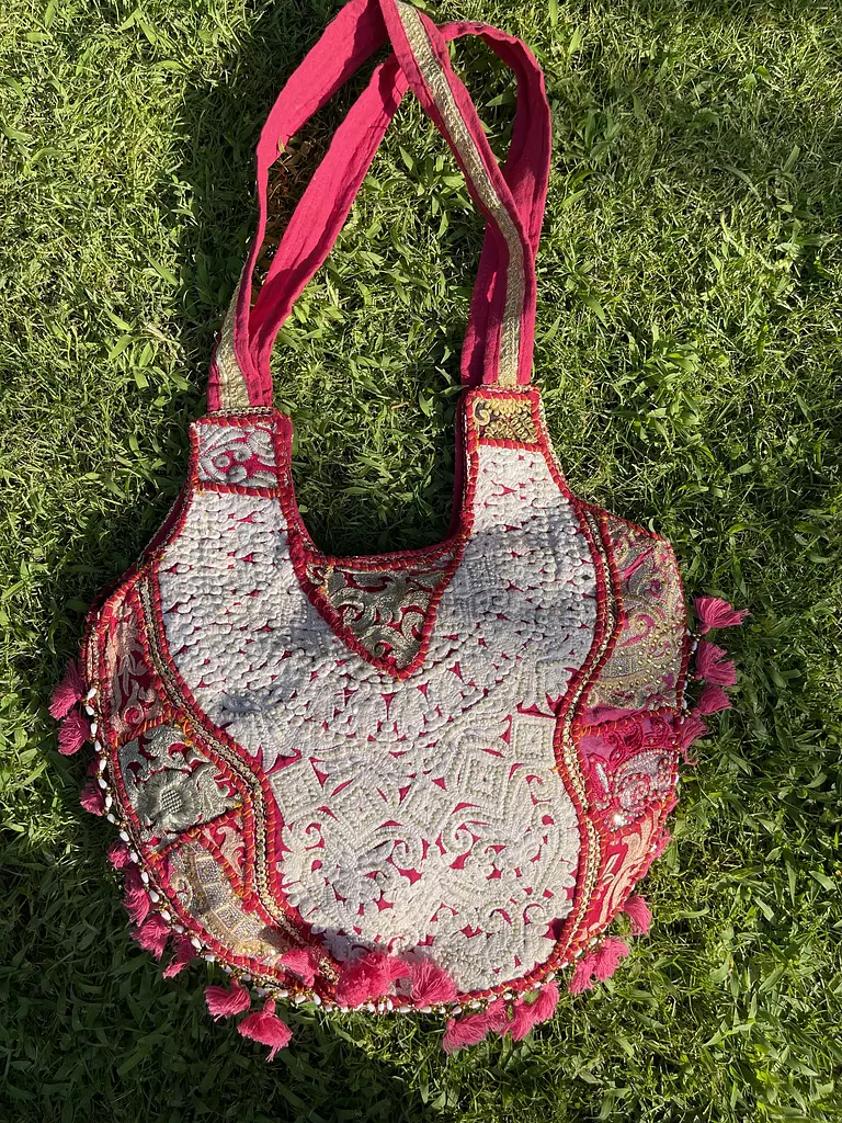 Circular indian Boho bag - Pink/White double face 