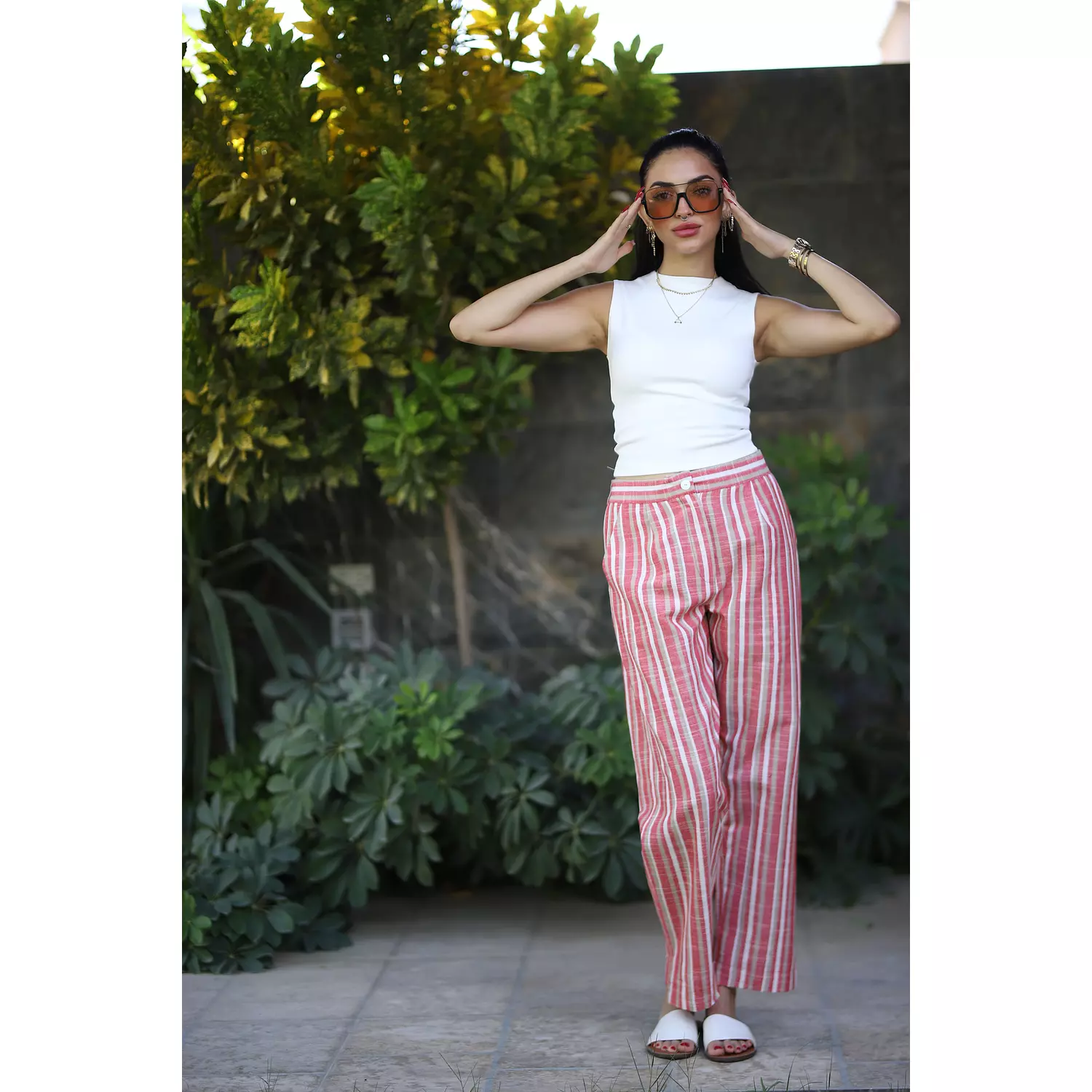 Stripped Linen Pants- Red Nude 7