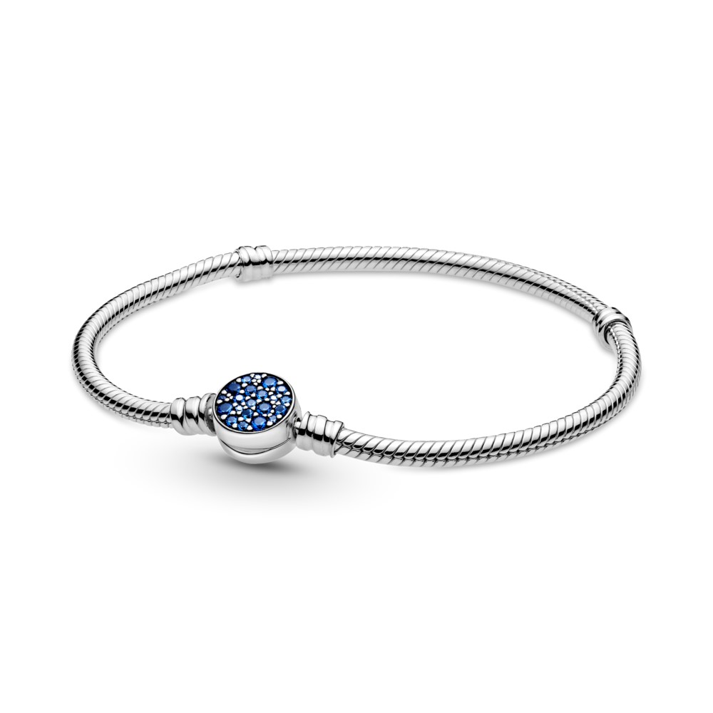 Snake chain sterling silver bracelet with disc clasp with stellar blue crystal