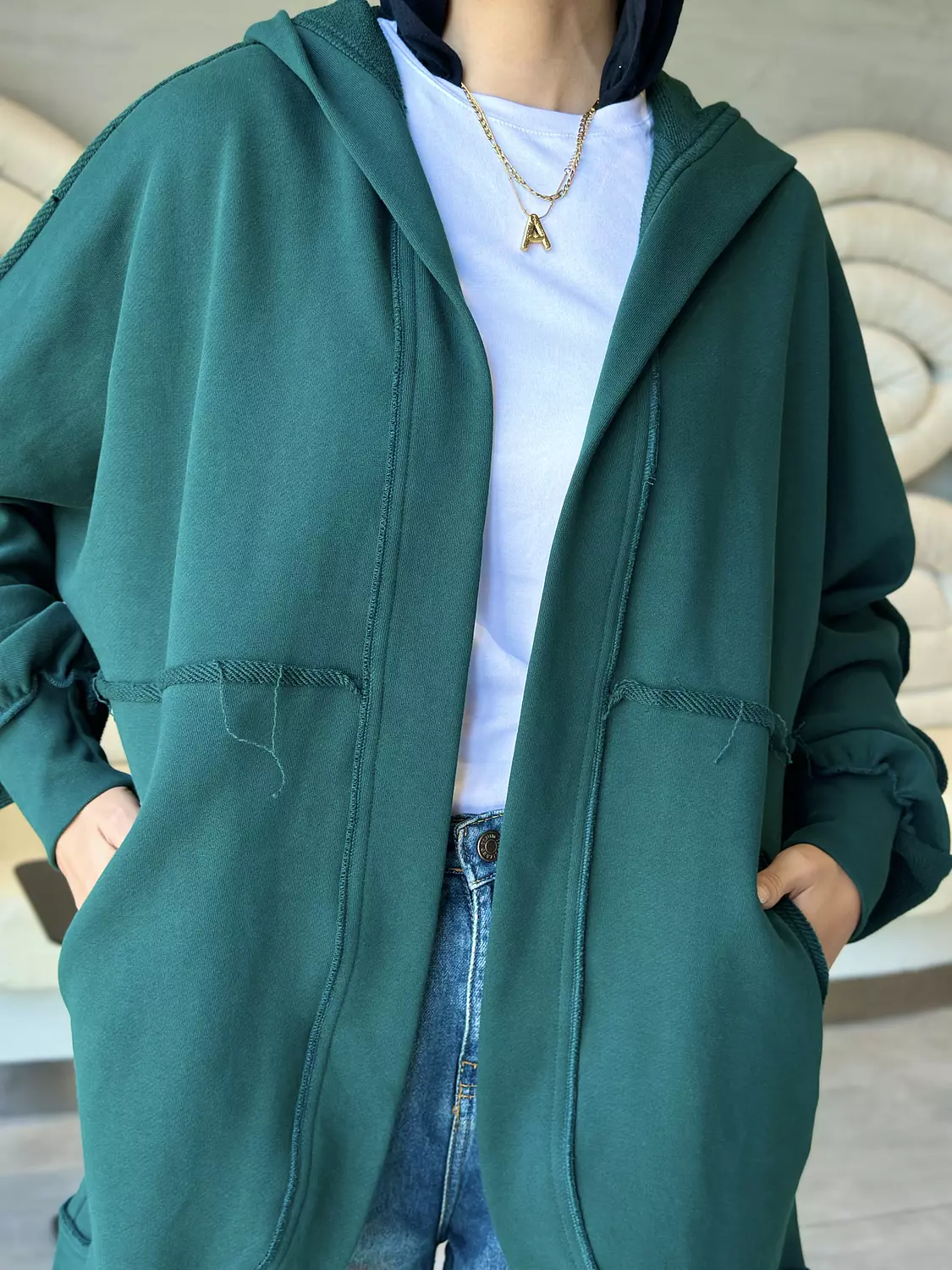 HOODED CARDIGAN IN RAIN FOREST GREEN 3