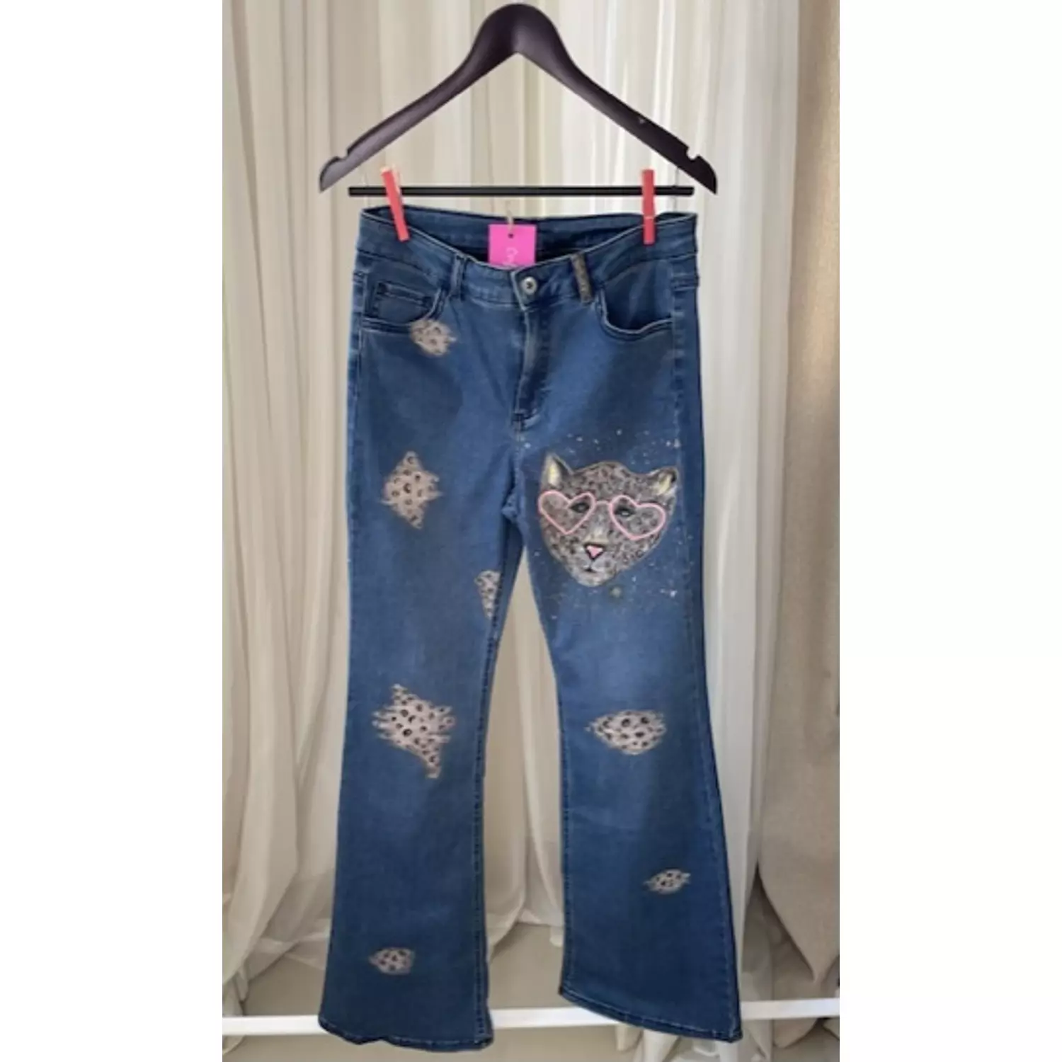 Cheetah rips hand painted denim jeans size 28  hover image