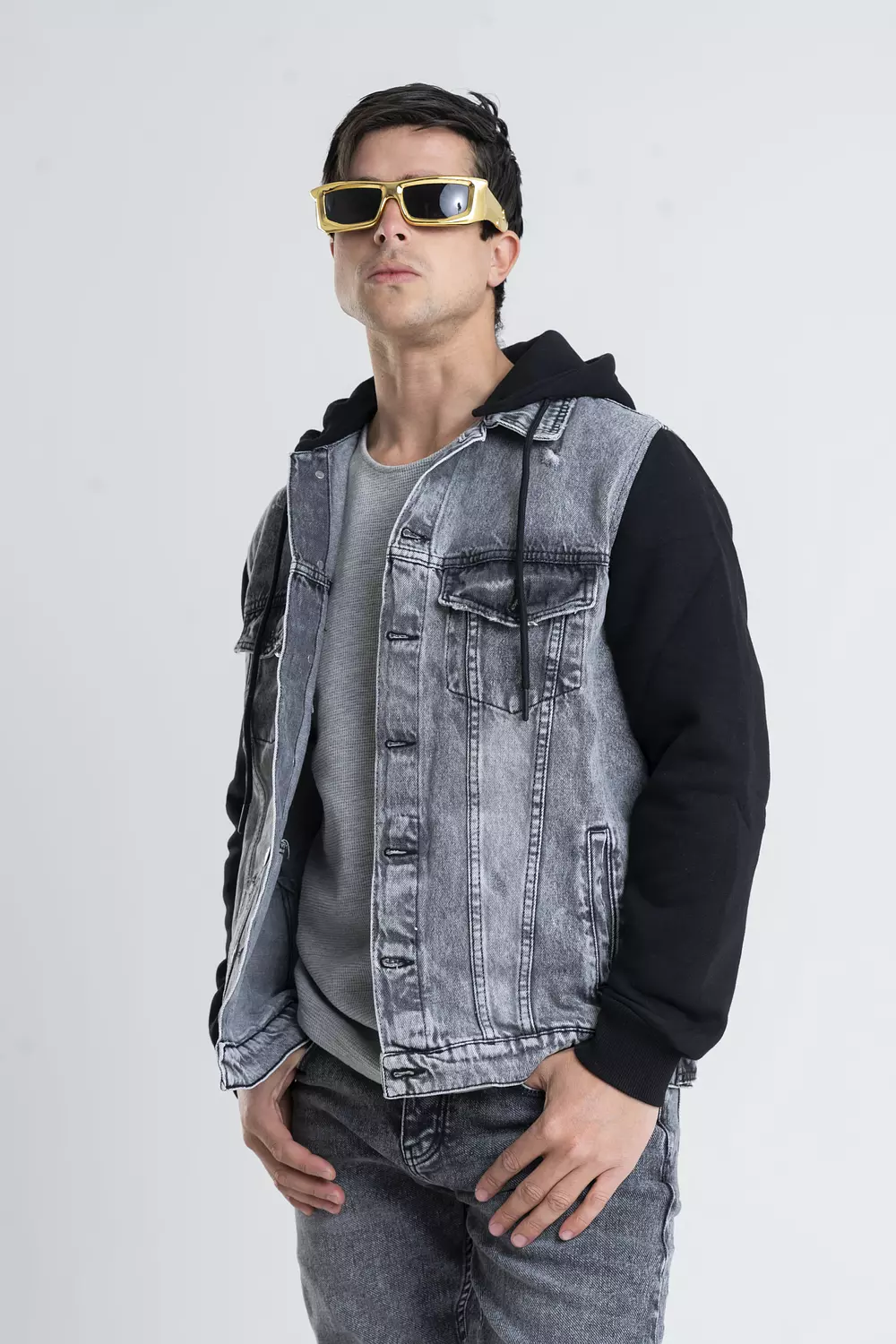 Denim Jacket With Jersey Sleeve And Hood-2nd-img