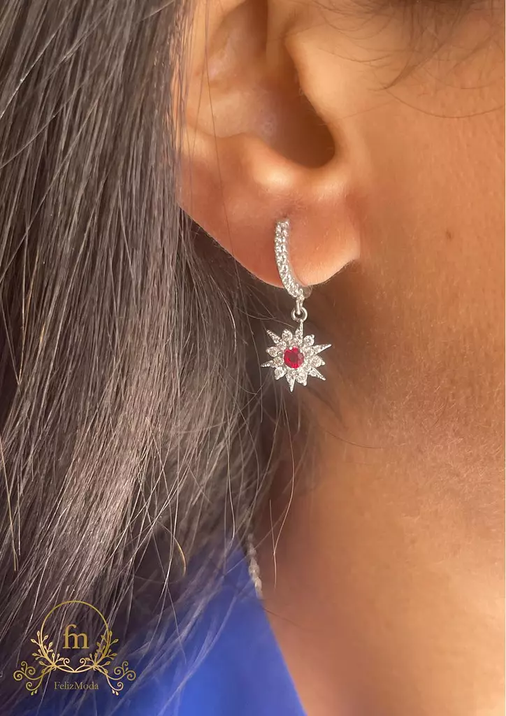 Flower Red stone silver earrings with zircon stones