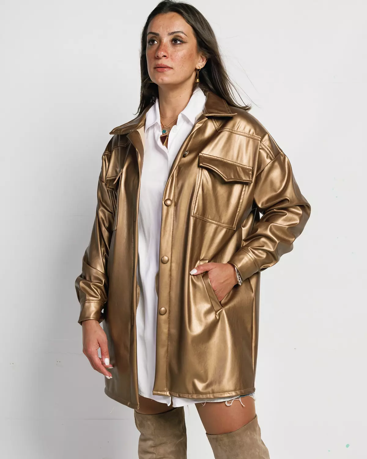 Leather metallic jacket hover image