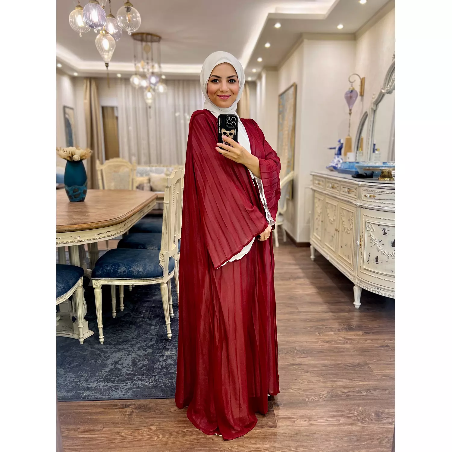 Double-faced Pleated Open Abaya- Maroon & White 8