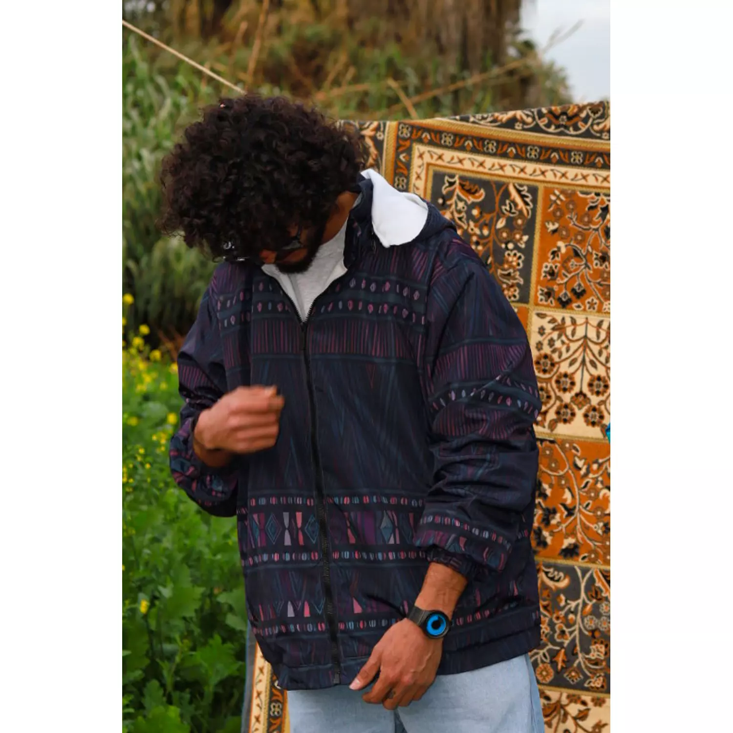 Hooded Black & Purple Ethnic Patterned Bomber Jacket hover image