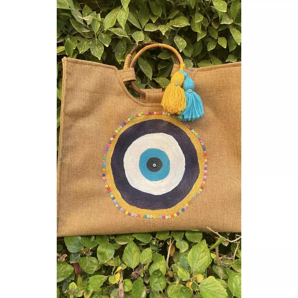 Turkish Eye Hand-Painted Burlap Tote by order