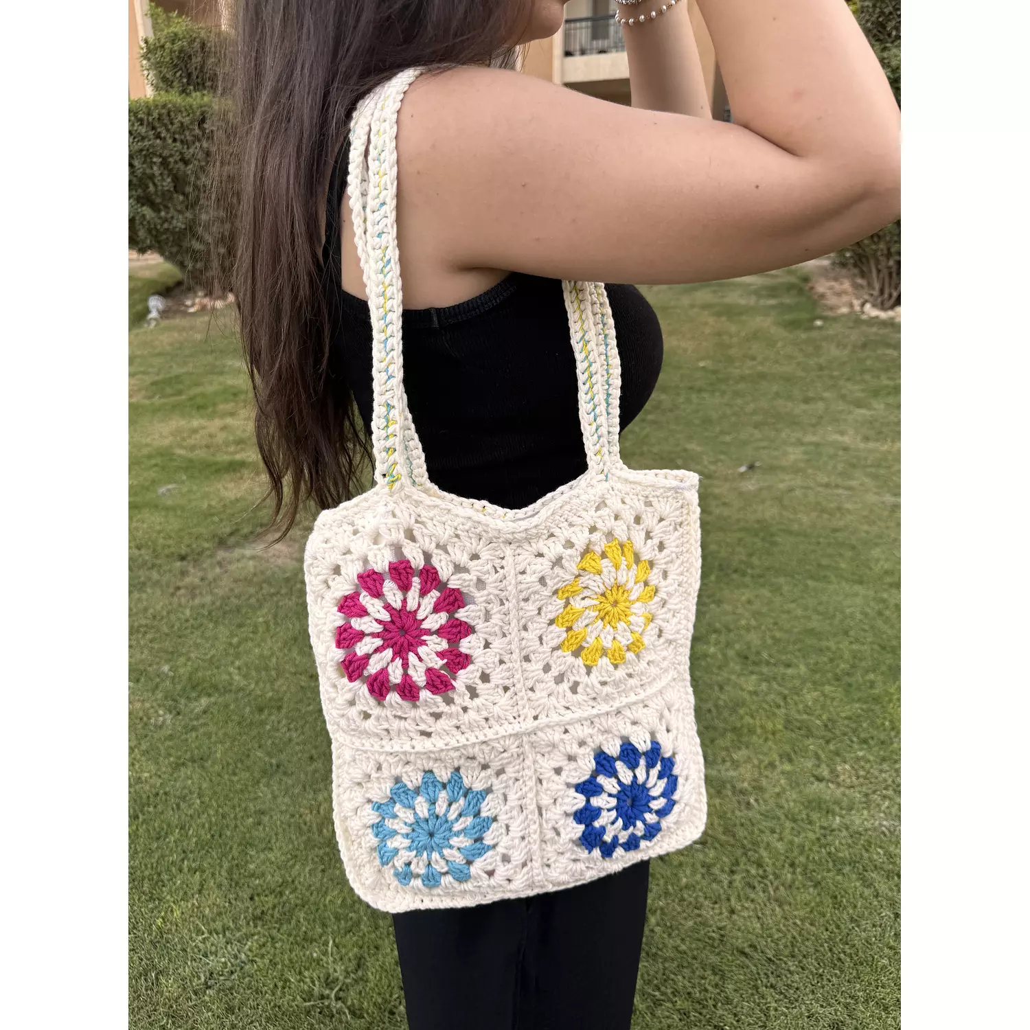 White granny square crochet tote bag  hover image