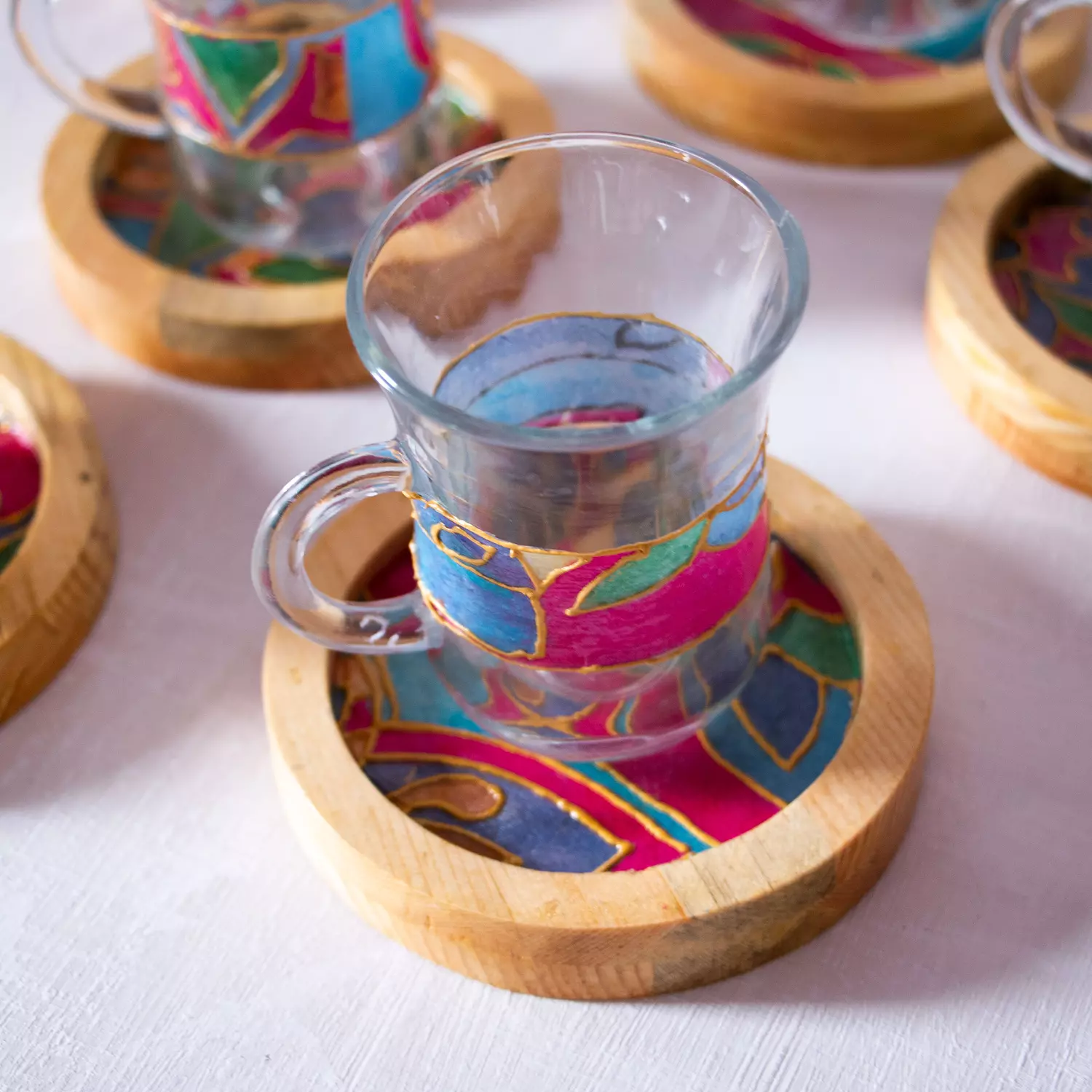 Arabic Blossom Glass Set-Wooden Coasters 1