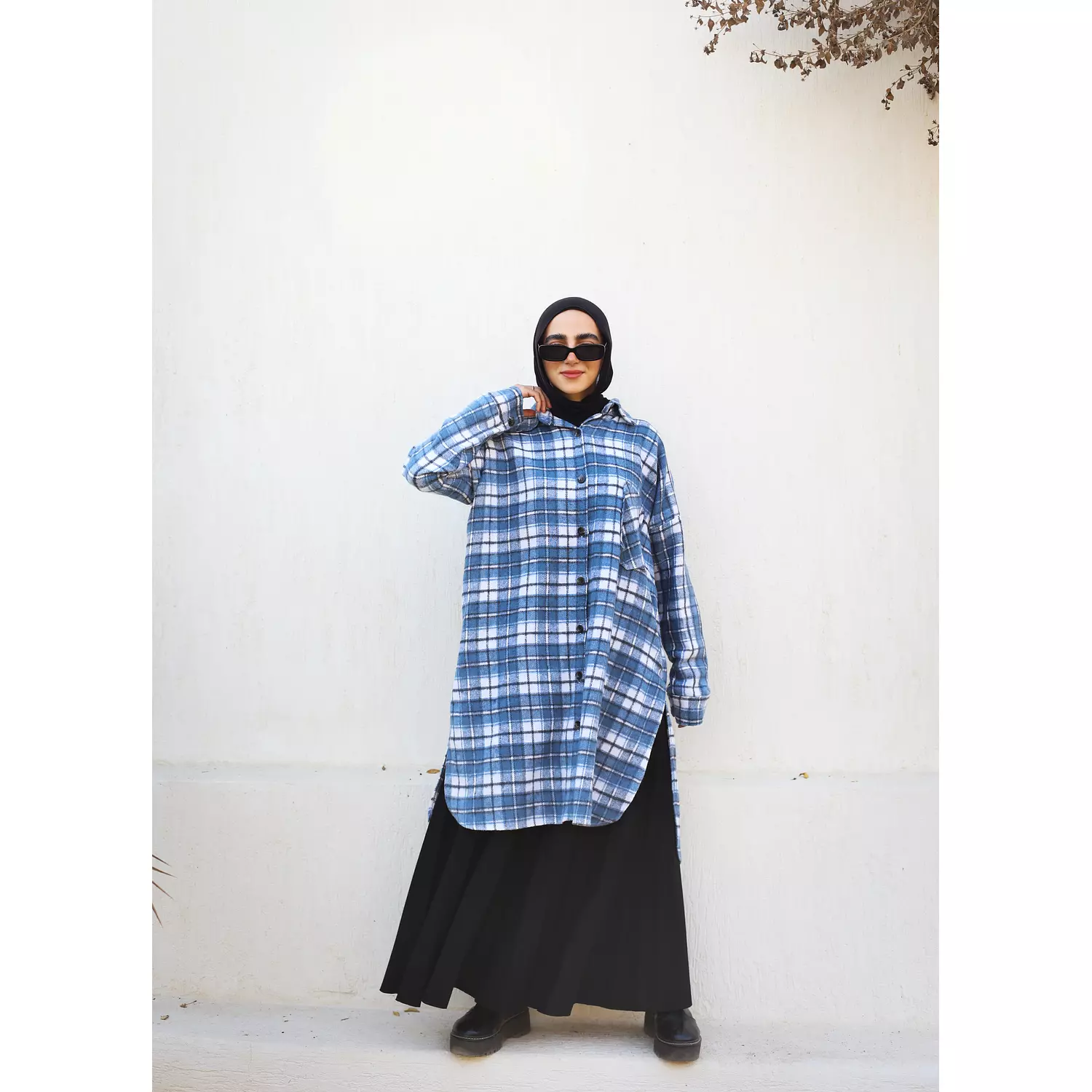 Blue and White Checkered Wool Long Shirt 1