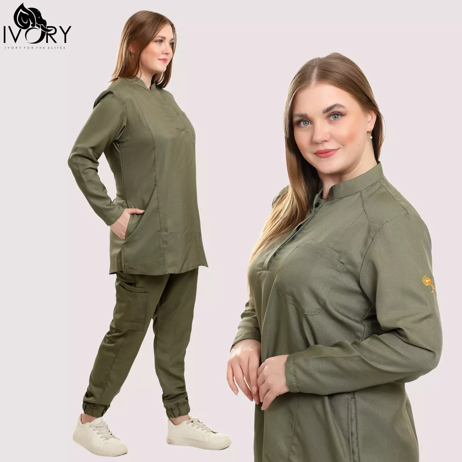 Olive Green Female Half Collar Scrub (Full Sleeves) | Ivory Medical Wear