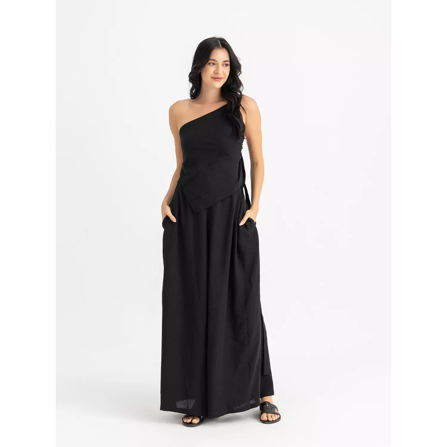 The SOKO linen backless one shoulder top  hover image