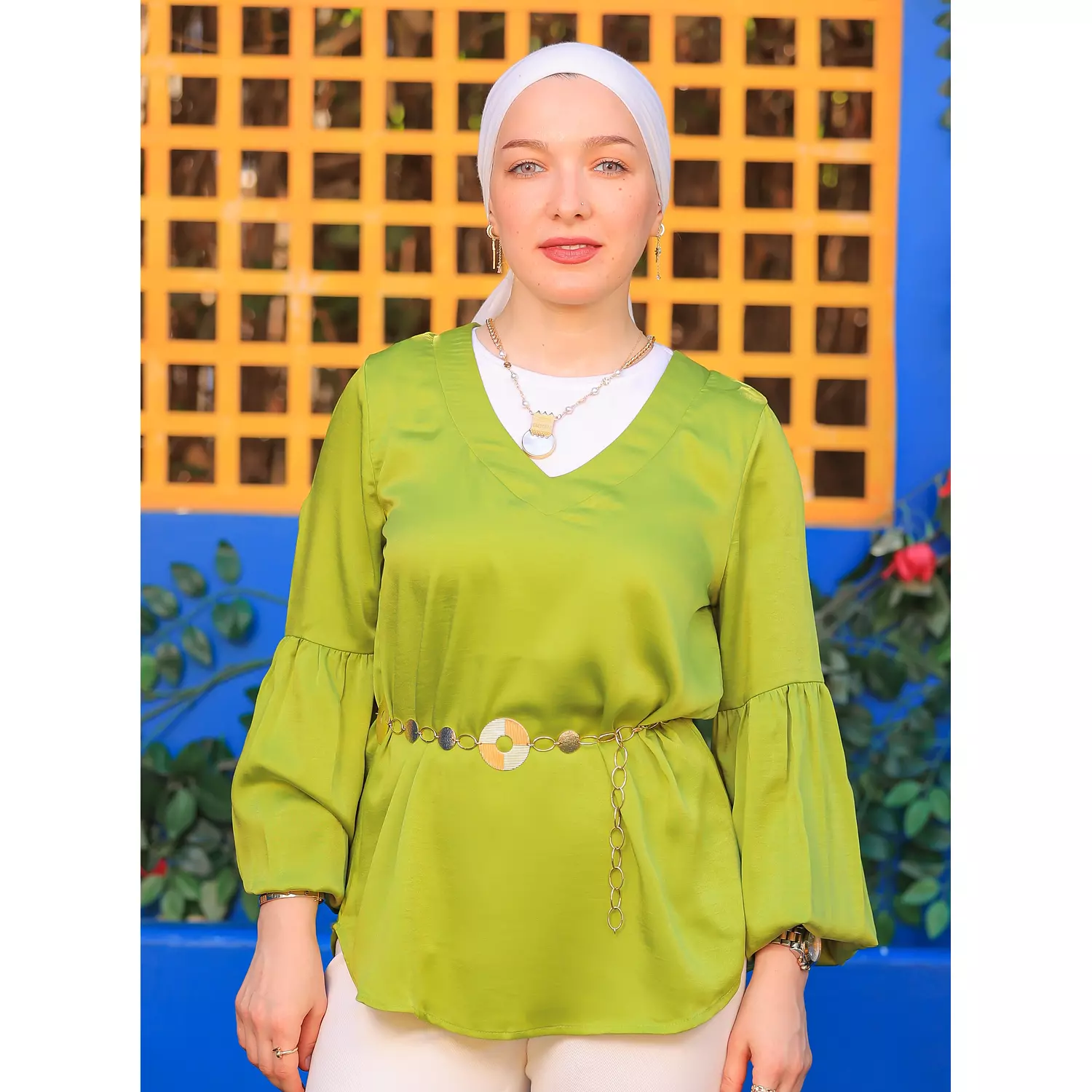 Satin green blouse hover image