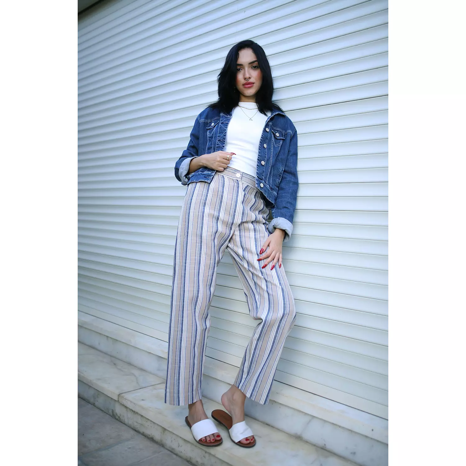 Stripped Linen Pants- Nude Blue 6