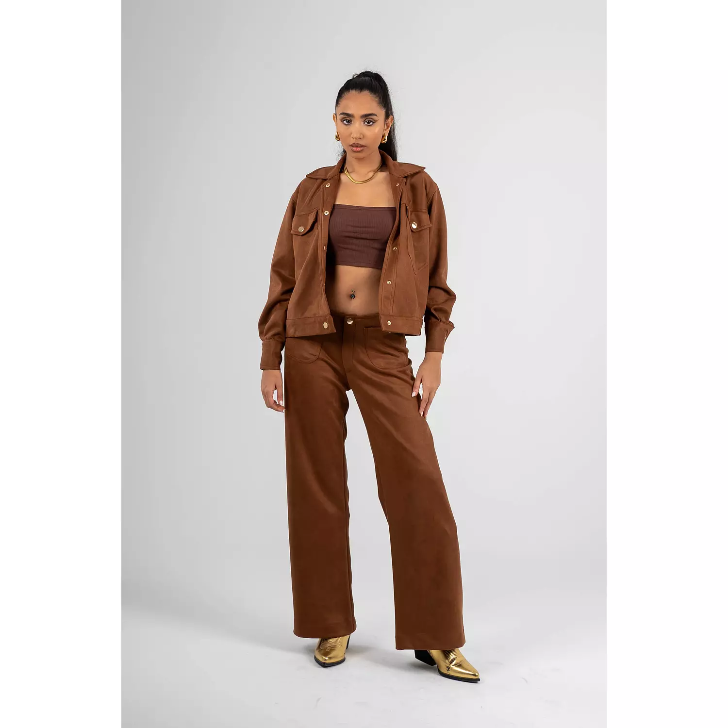 Luxe Suede Straight-Leg High-Waist Pants 1