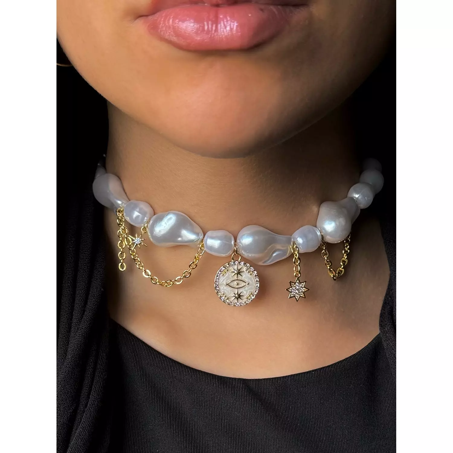 White evil eye pearly choker hover image