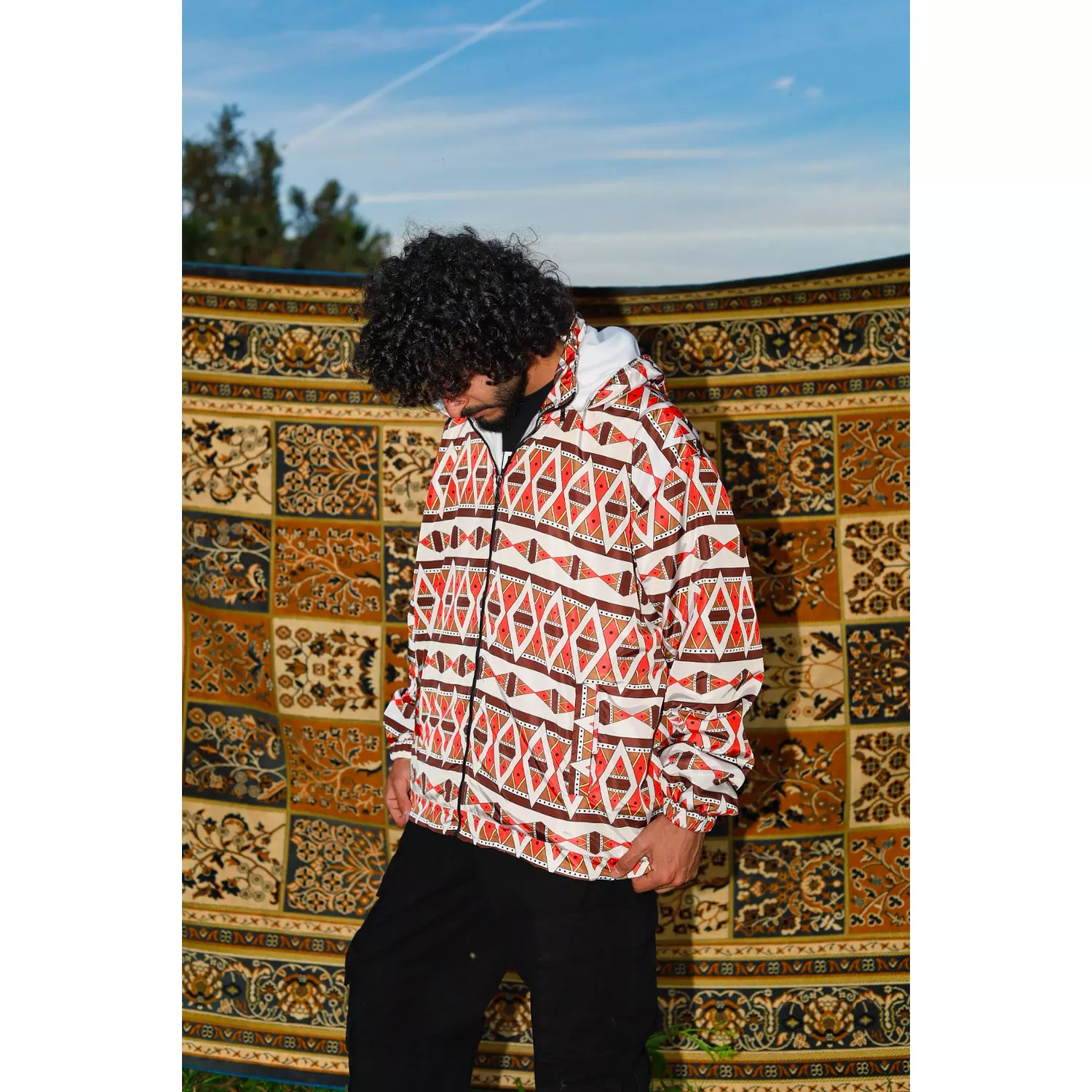 Hooded Beige and Orange Patterned Ethnic Bomber Jacket hover image