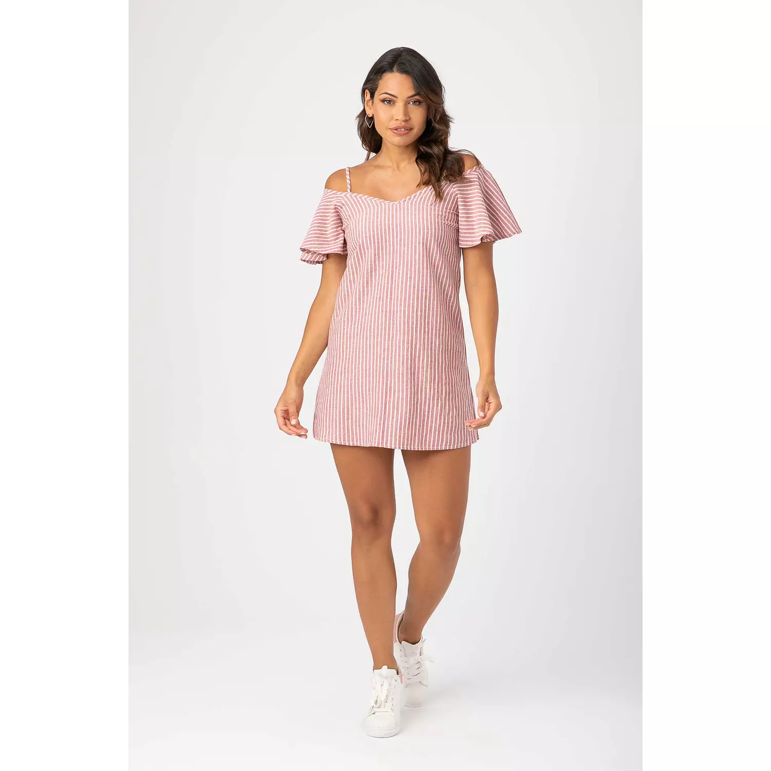 SHORT STRIPPED LINEN DRESS hover image