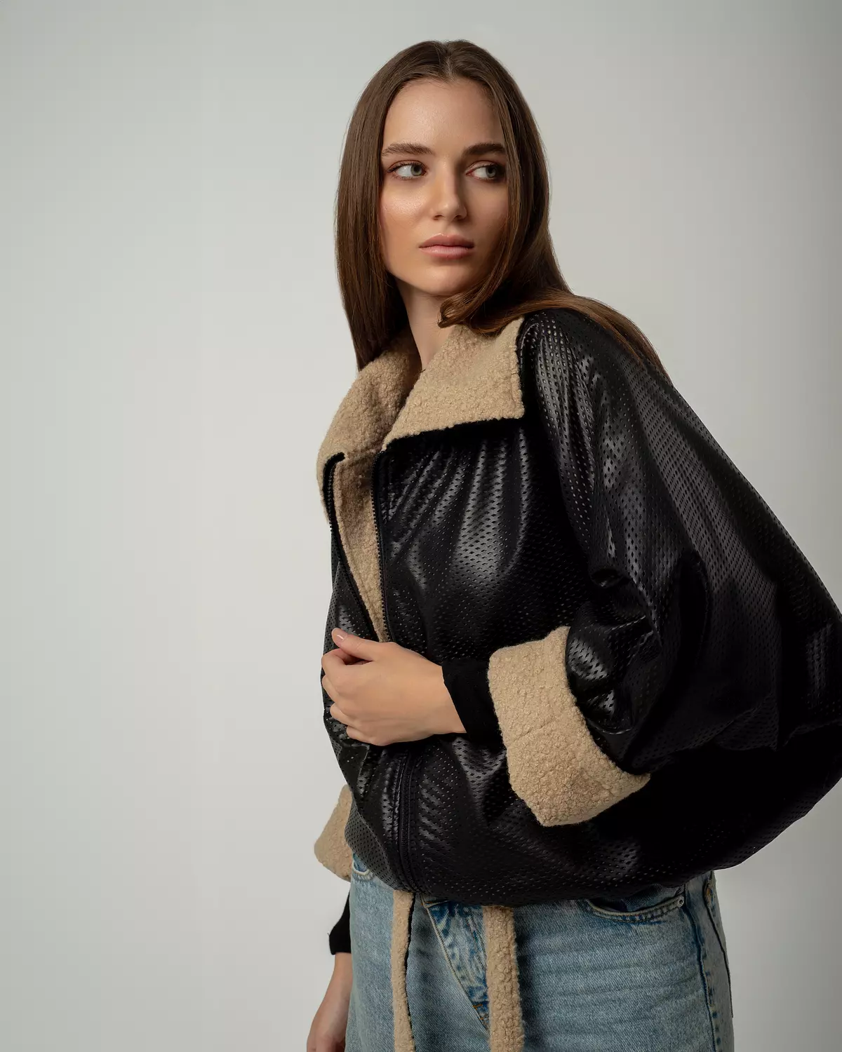 Black Leather Jacket with Beige Wool 1