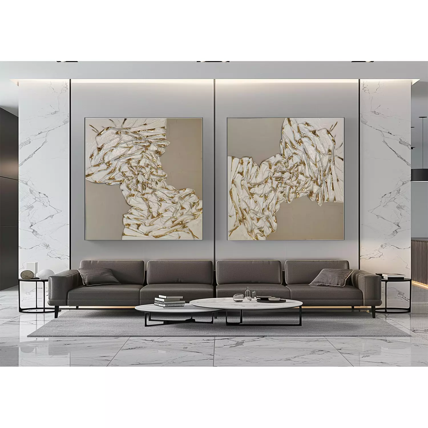 "Fabric Harmony: Gold & Off-White Twins" 120*80cm for each hover image