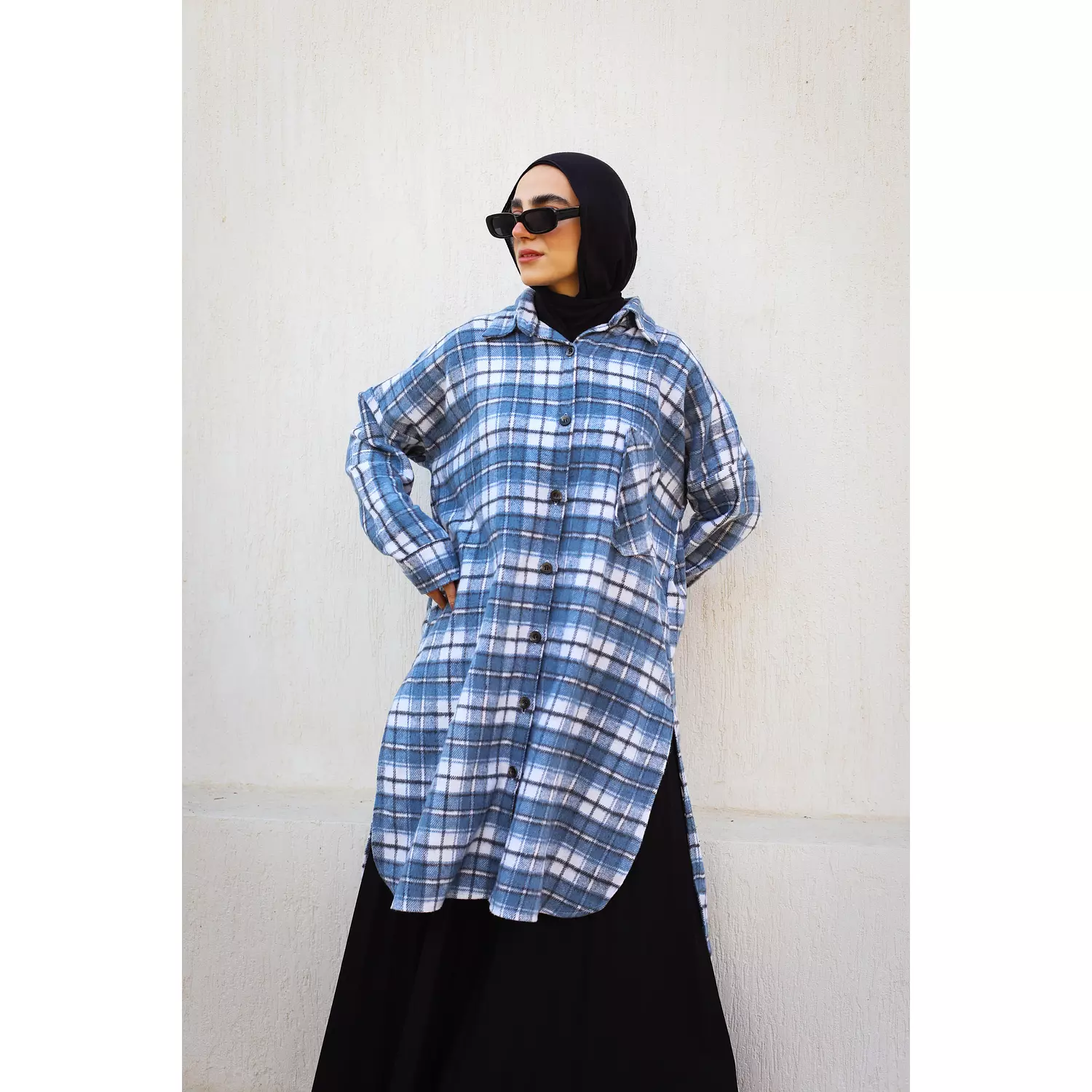 Blue and White Checkered Wool Long Shirt 4