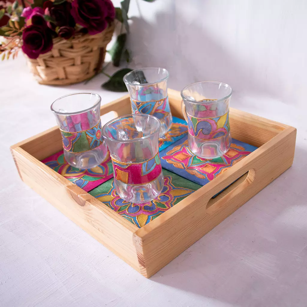 Arabic Blossom coasters wooden tray  