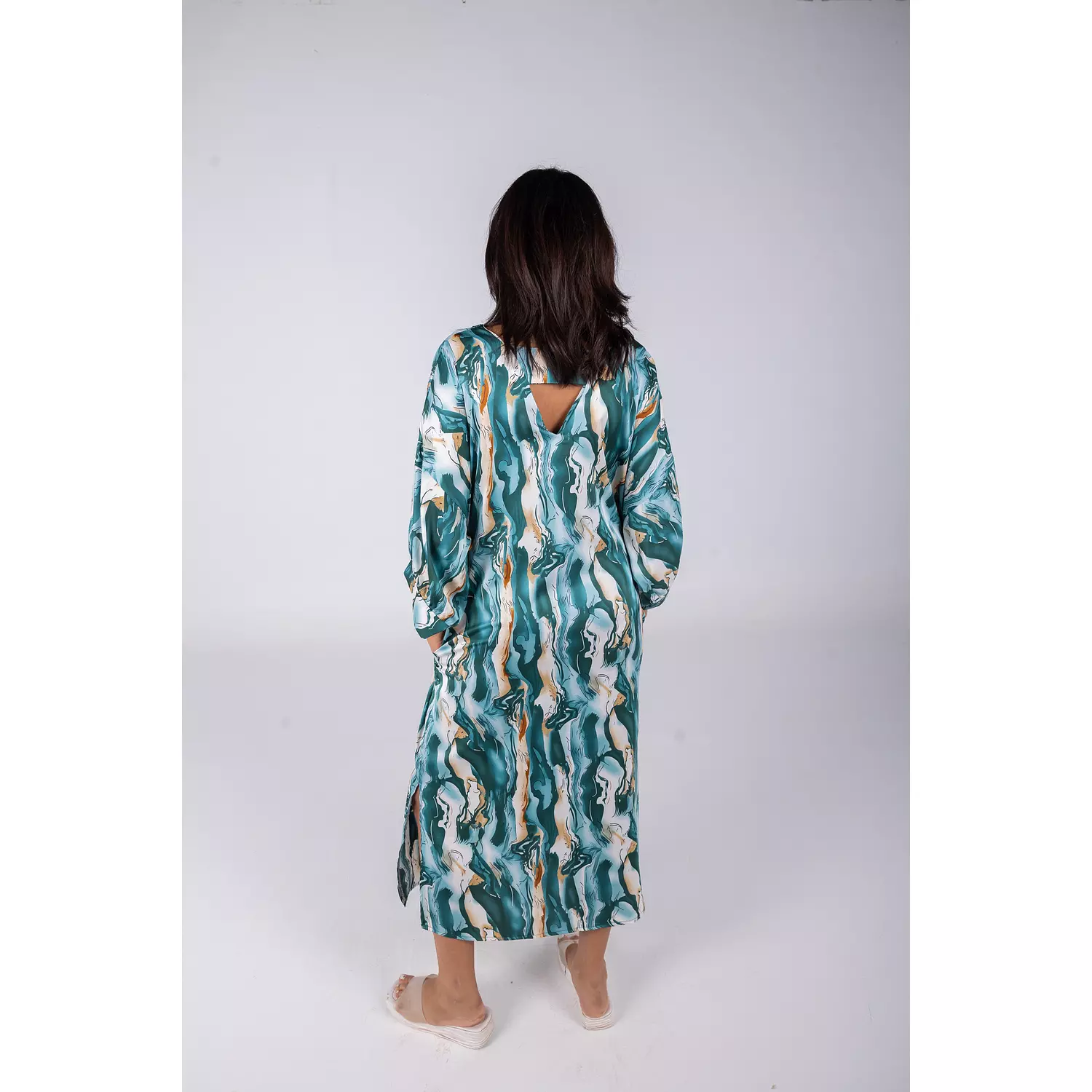 Dark Green Printed Satin Summer Dress 10