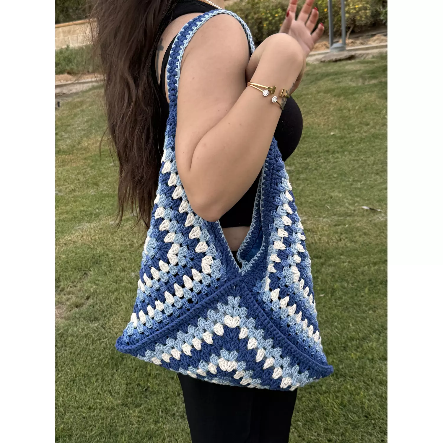 Royal Blue granny square crochet tote bag  hover image