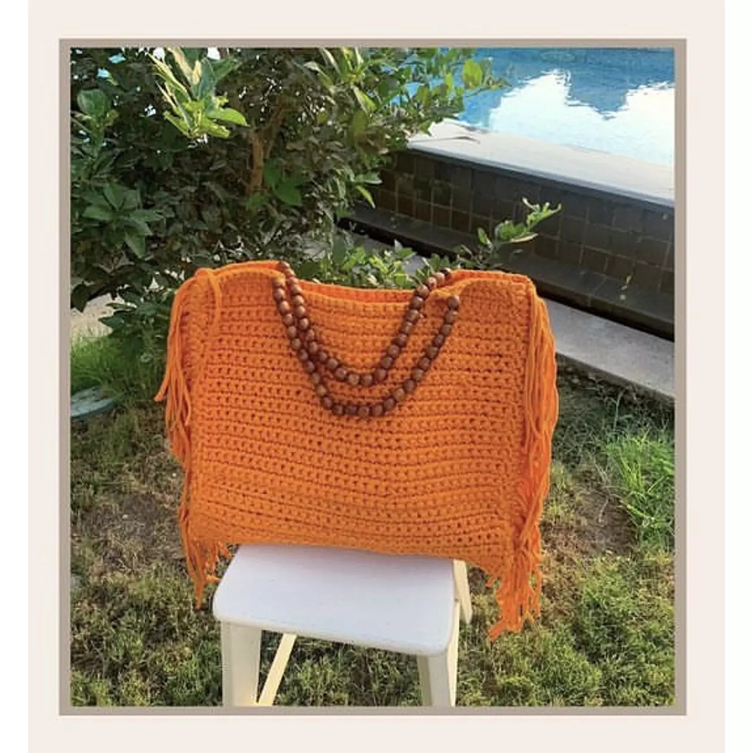 Orange Bead Handle Crochet Fringe Tote (by order) hover image