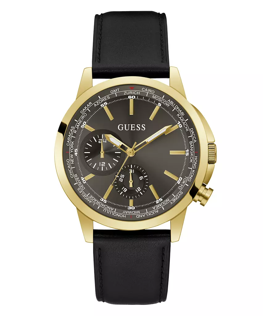 GUESS GW0540G1 ANALOG WATCH For Men Round Shape BlackGenuine Leather Smooth Strap