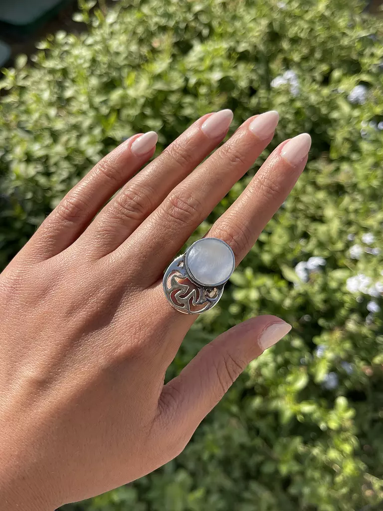 Round pearl stone silver ring free size 