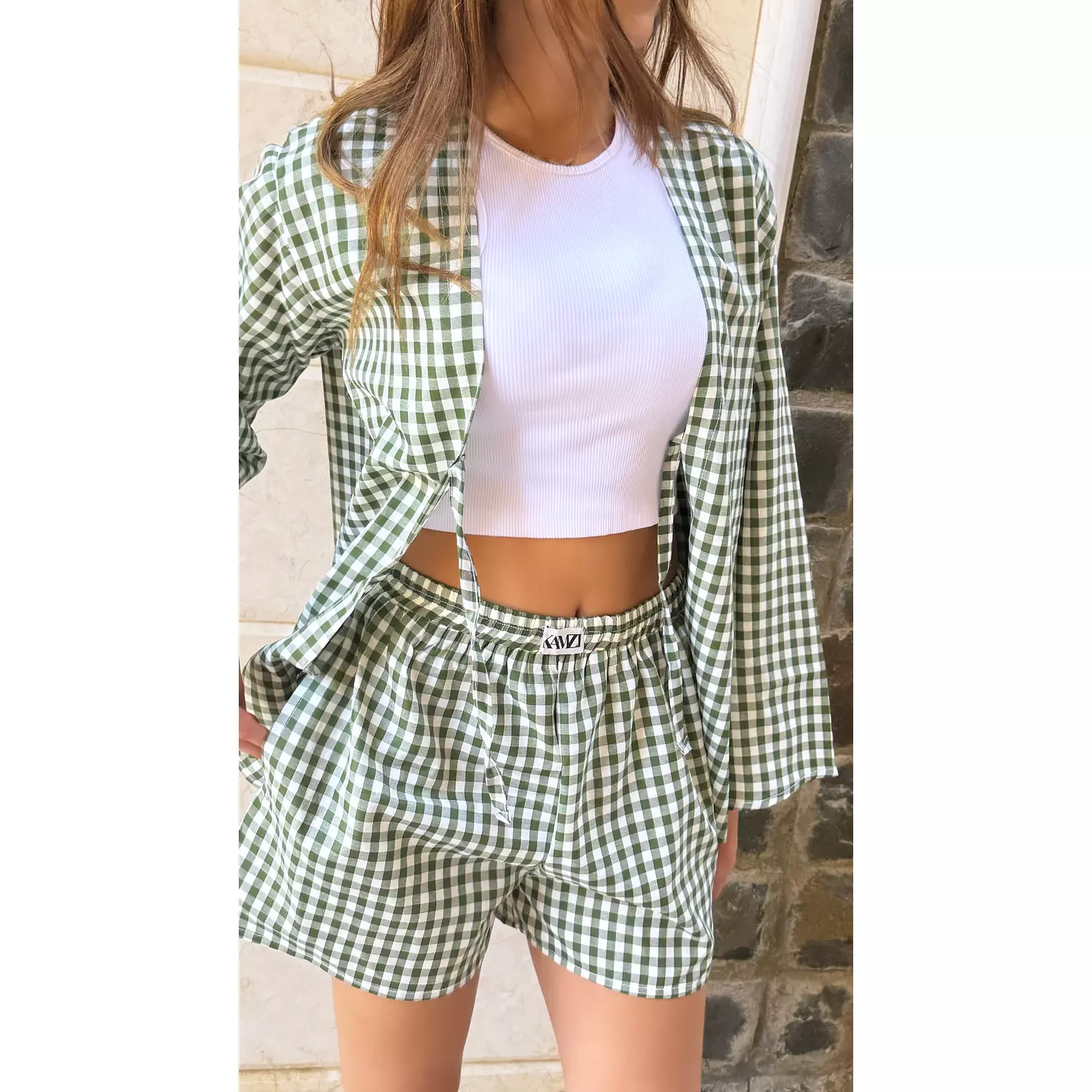 Green gingham squared shorts     hover image