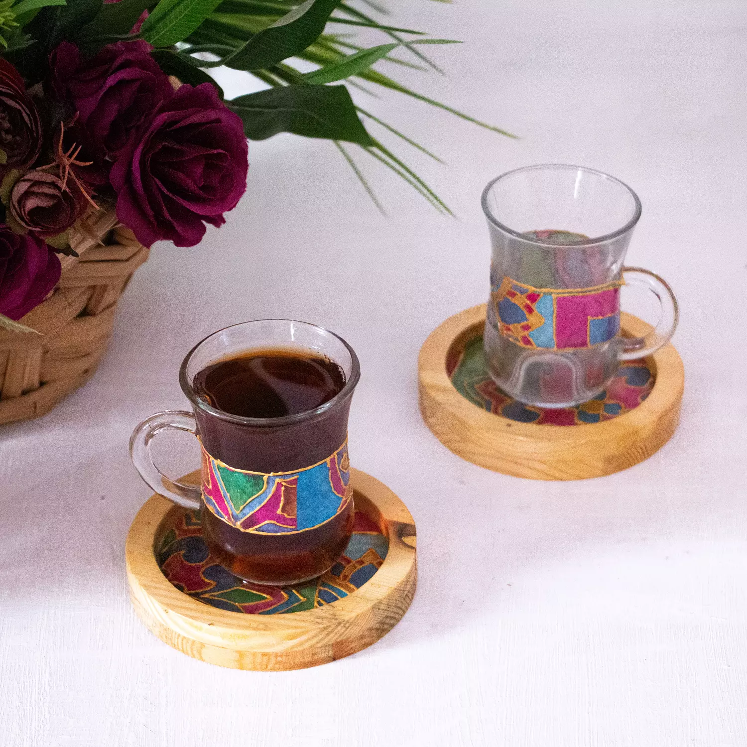 Arabic Blossom Glass Set-Wooden Coasters 2