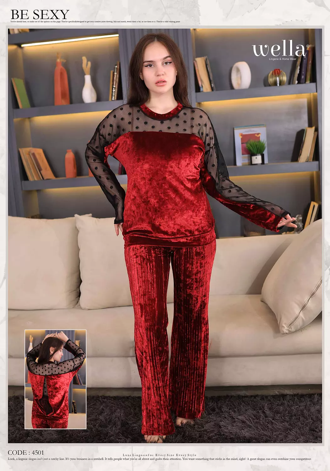 Luxurious velvet pajama with long transparent sleeves in maroon hover image