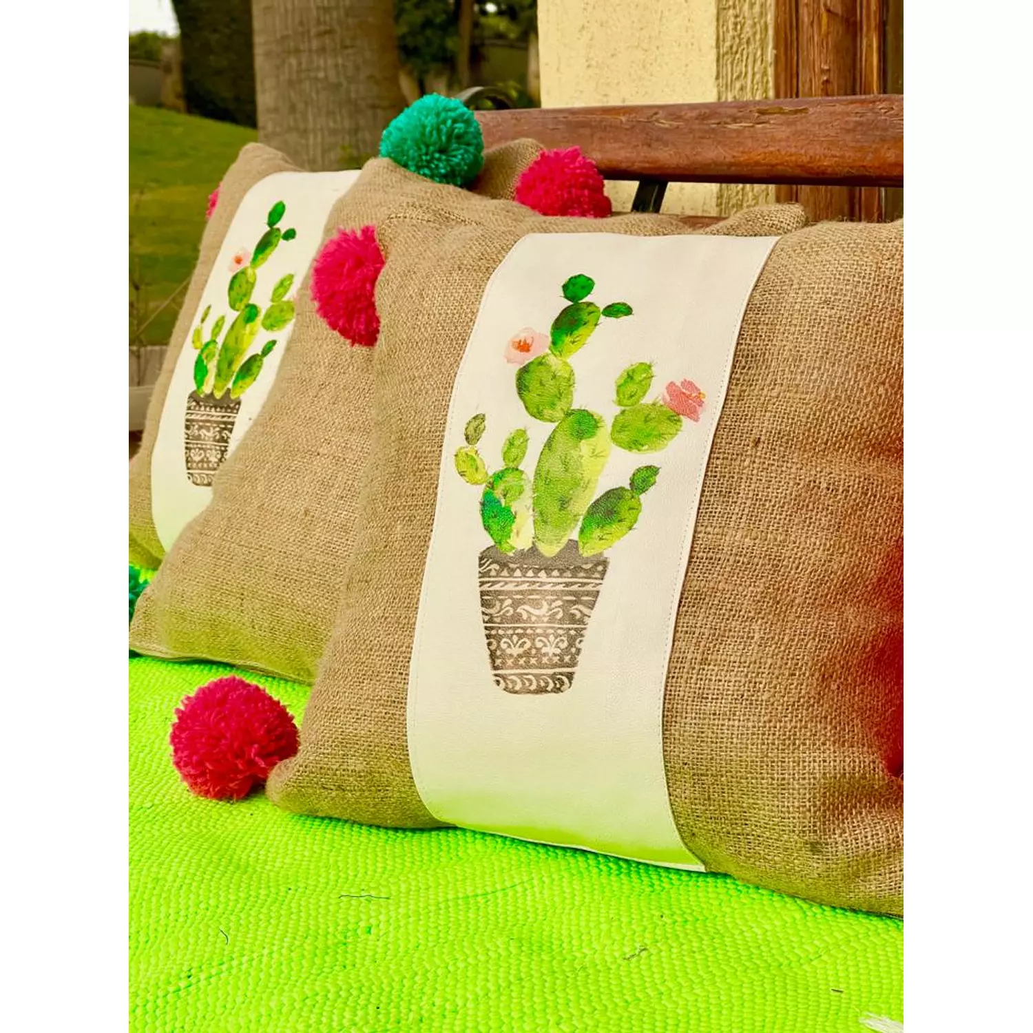 The Burlap Cactus with Fushia Pompoms 6