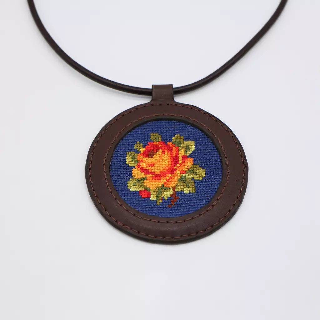 Genuine leather necklace with floral Cross-stitching