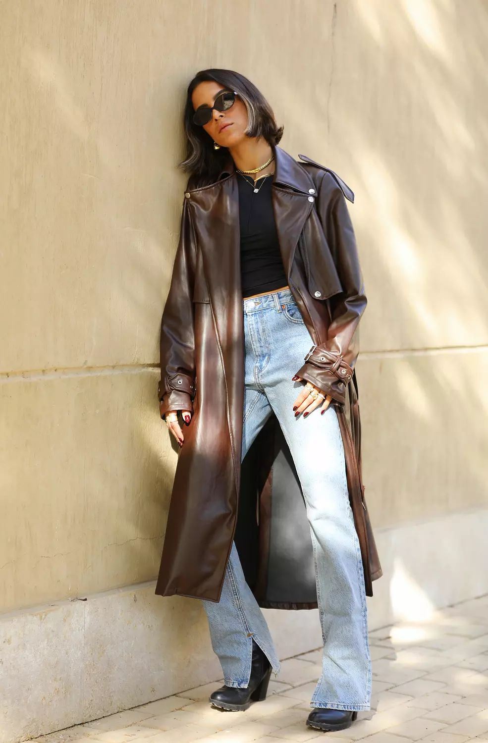 Brown leather trench coat  2