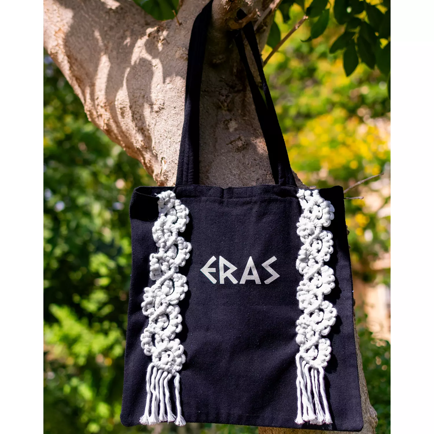 Beige “GREEK X PHARAONIC” BLACK TOTE BAG WITH MACRAME 1