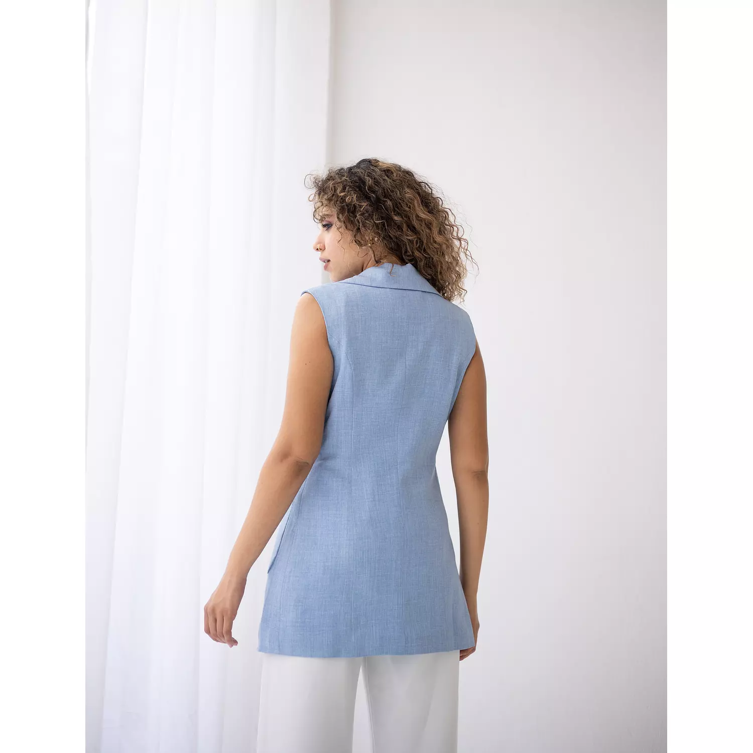 Sky blue long linen vest  2