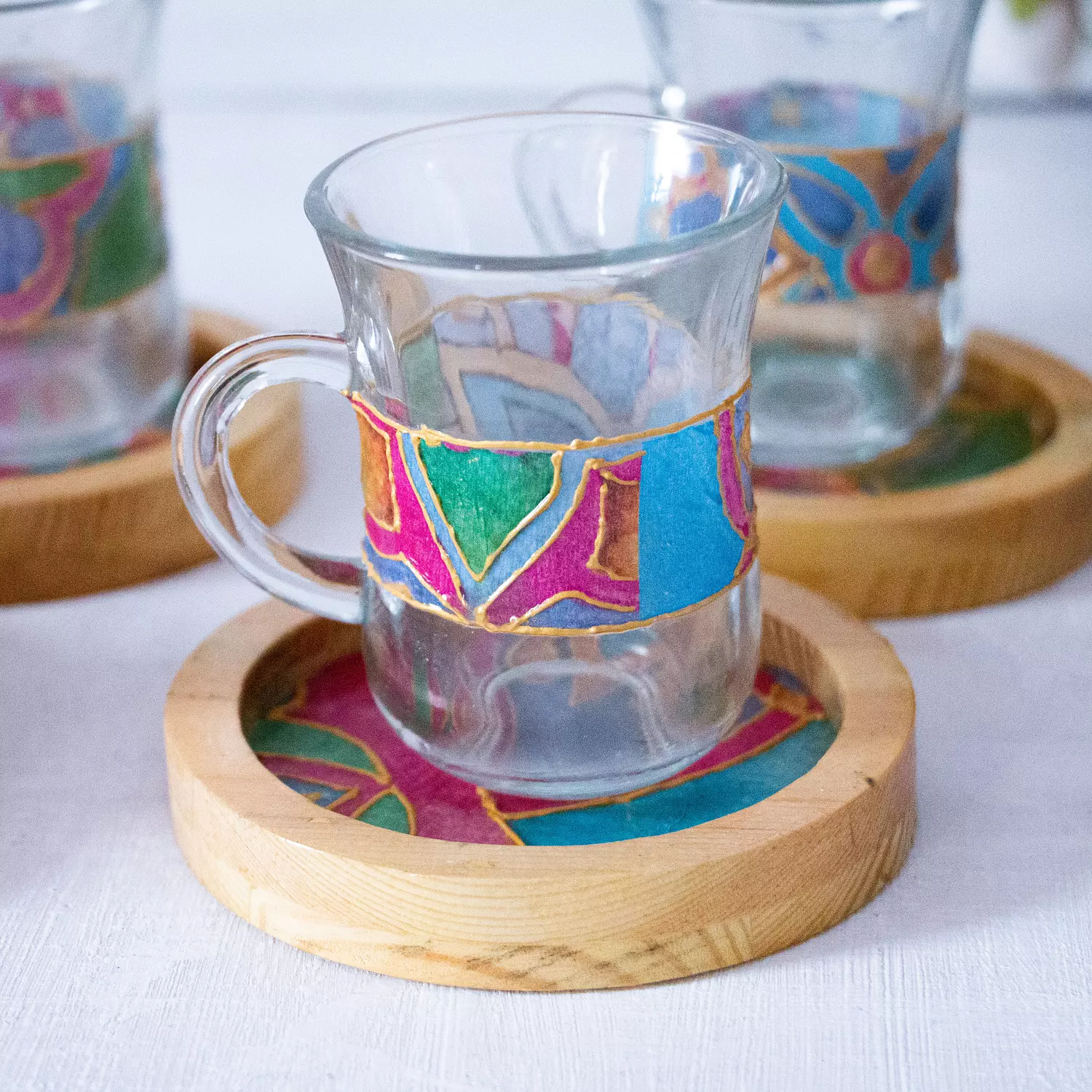 Arabic Blossom Glass Set-Wooden Coasters 3