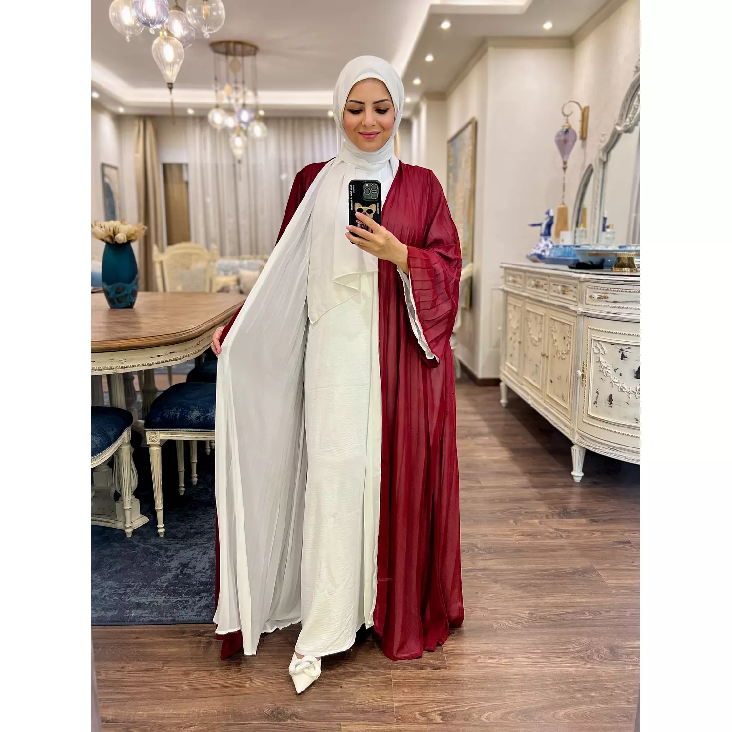 Double-faced Pleated Open Abaya- Maroon & White hover image