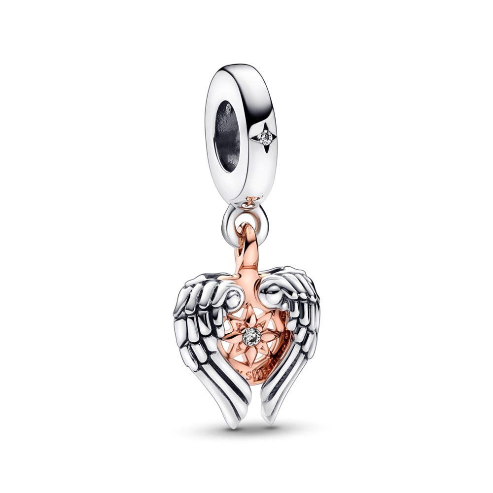 Angle wings and compass sterling silver and 14k rose gold-plated dangle with clear cubic zirconia hover image