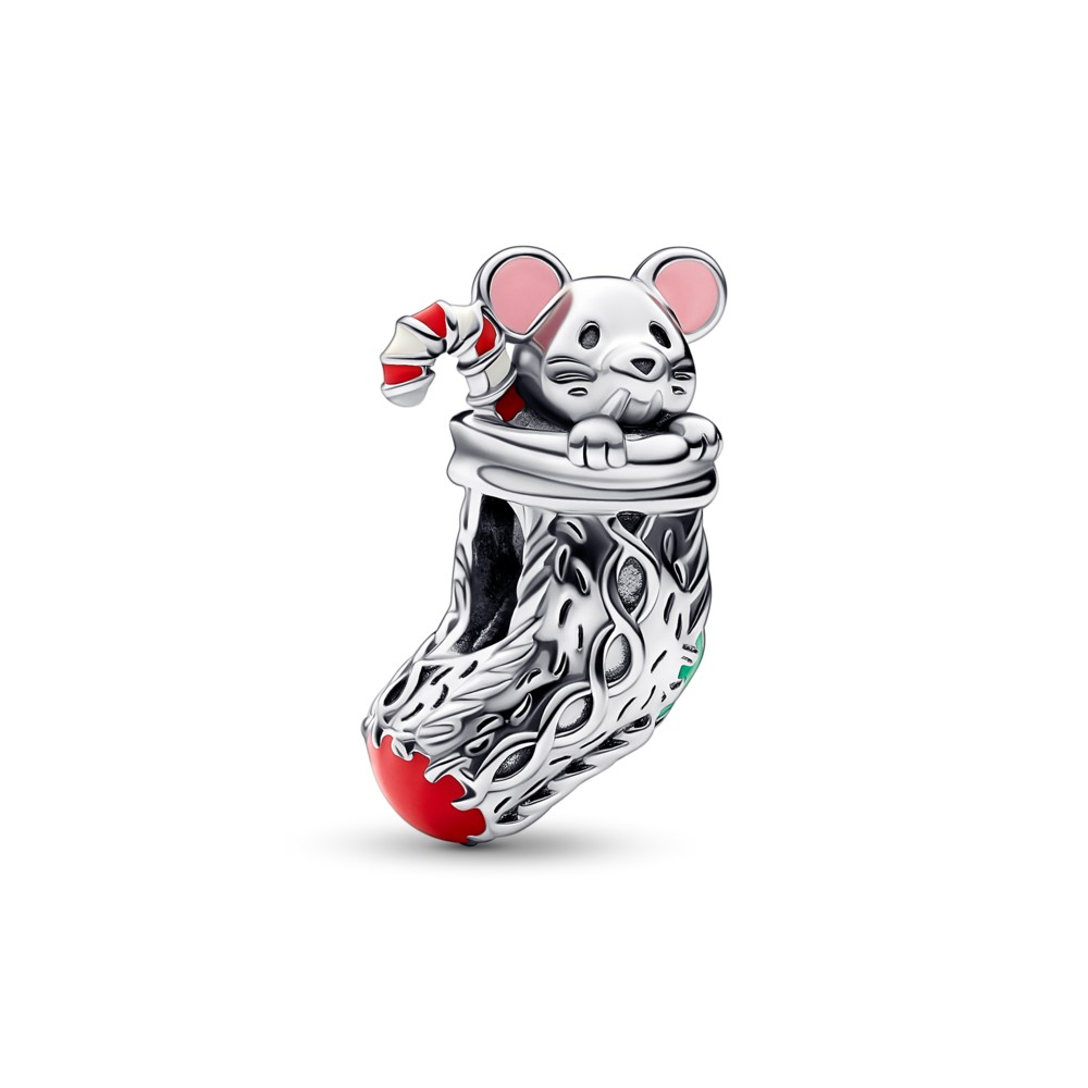 Christmas mouse in a sock sterling silver charm with red, white, dark green and dusty pink enamel