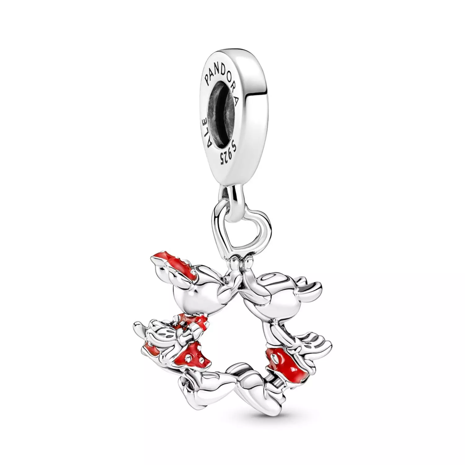 Disney Minnie and Mickey Mouse kissing sterling silver dangle with red enamel hover image