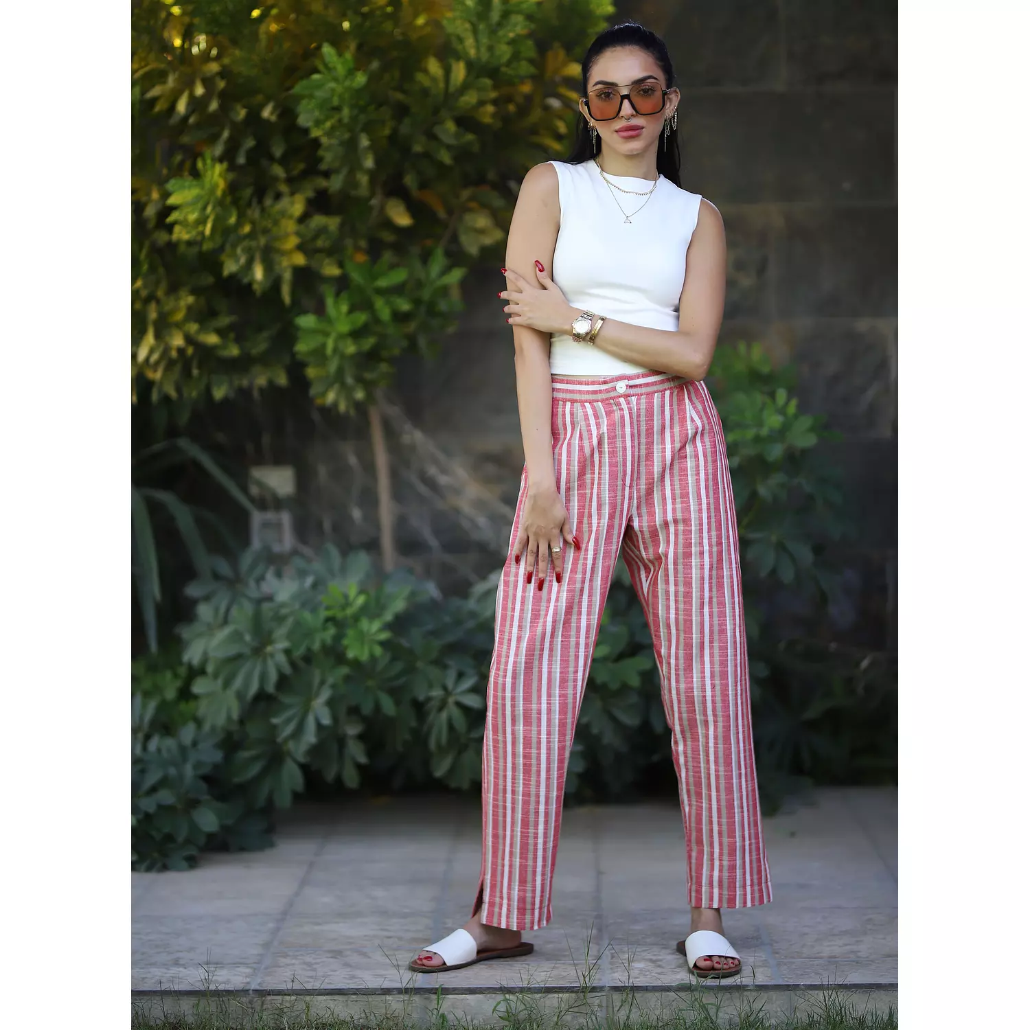 Stripped Linen Pants- Red Nude 5