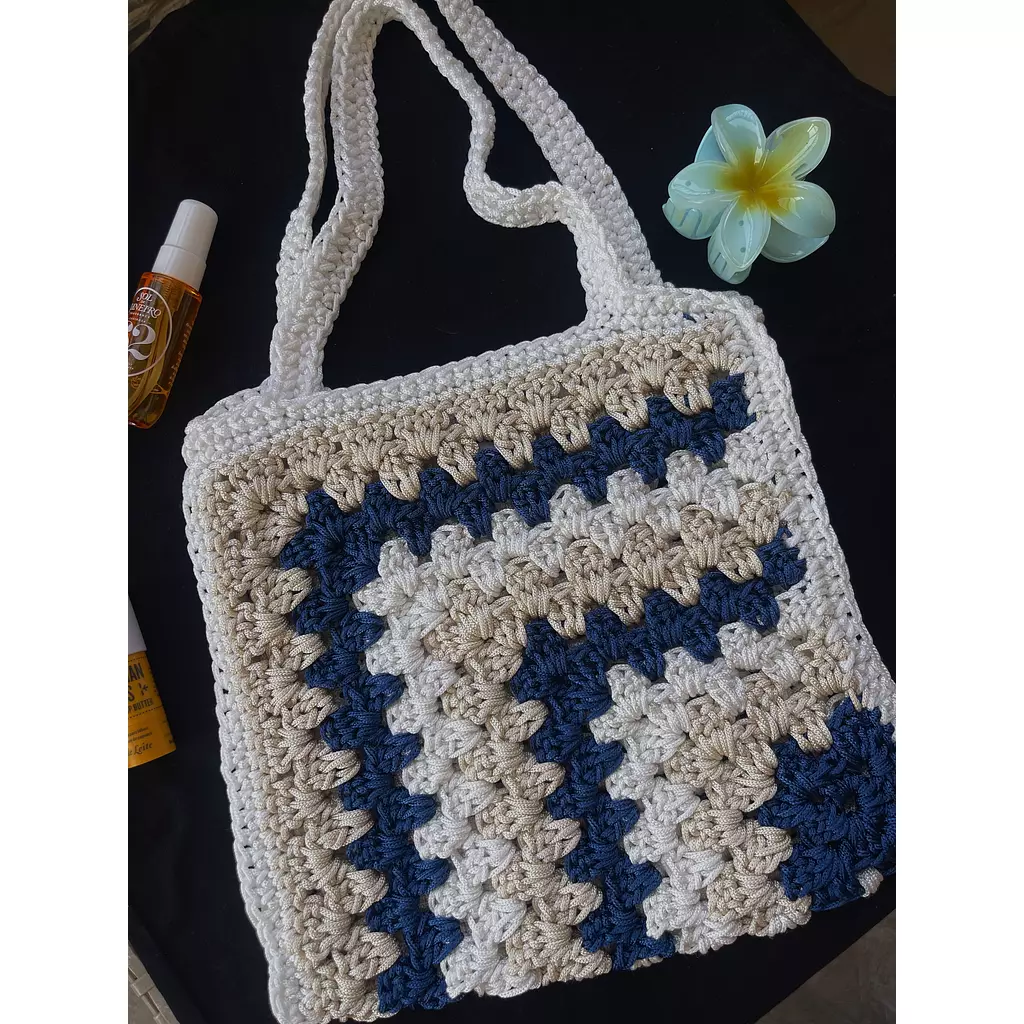 Navy blue granny square crochet tote bag