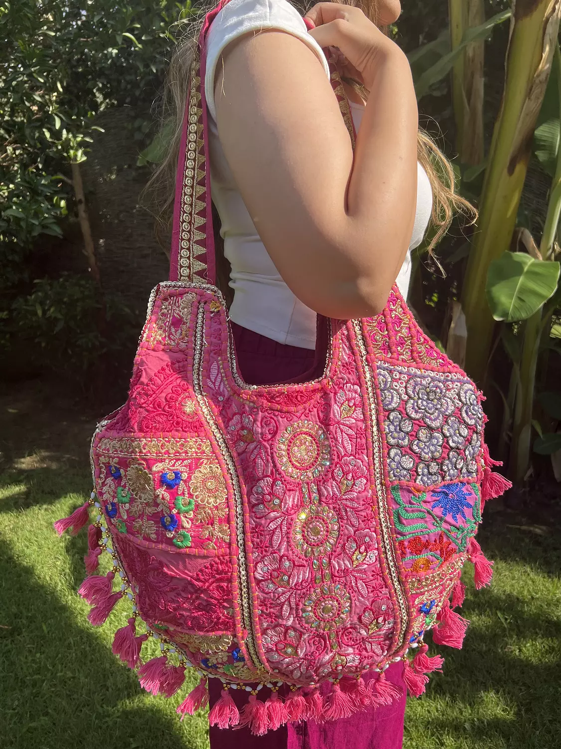 Circular indian boho bag - Fuschia Double face  4